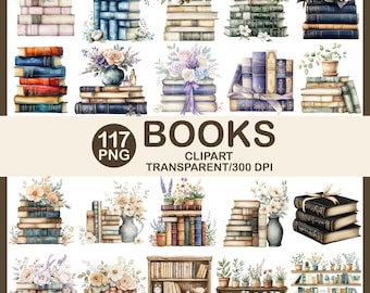 Watercolor Floral Book Clipart Bundle, Cottagecore PNG (300 DPI)