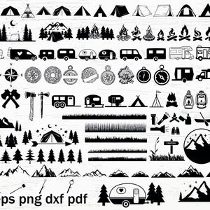 May include: Black and white camping themed clip art set featuring a variety of icons including tents, trees, campfires, a compass, an axe, a lantern, a camper van, and a mountain range.  The text "svg eps png dxf pdf" is at the bottom of the image.