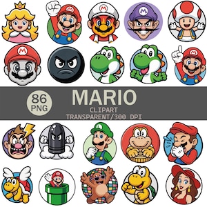 Super Mario Clipart Bundle – 86 PNG Gaming Character Icons – Transparent Background – 300 DPI – Mario, Luigi, Yoshi, Princess Peach, Toad