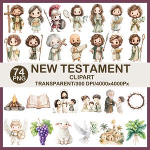 Puede incluir: Una colección de 74 imágenes prediseñadas PNG con ilustraciones en acuarela de figuras y símbolos del Nuevo Testamento. Las imágenes incluyen personajes, objetos y escenas de la Biblia, con el texto "NEW TESTAMENT CLIPART".