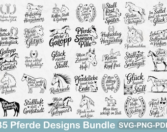 May include: A collection of 35 monochrome horse-themed designs. The designs feature horseshoes, horse illustrations, and text phrases such as "My heart beats for horses" and "Horse love knows no end." Available in SVG, PNG, and PDF formats.