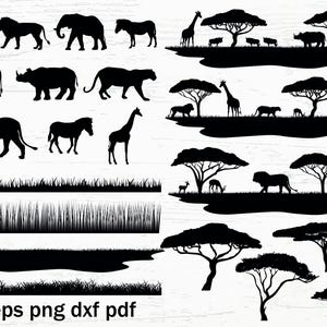 K&ouml;nnte beinhalten: Schwarz-wei&szlig;e Silhouettenbilder verschiedener afrikanischer Tiere, darunter ein L&ouml;we, ein Zebra, eine Giraffe, ein Elefant, ein Nashorn und eine Antilope. Die Tiere sind vor einem Hintergrund aus B&auml;umen und Gras platziert.