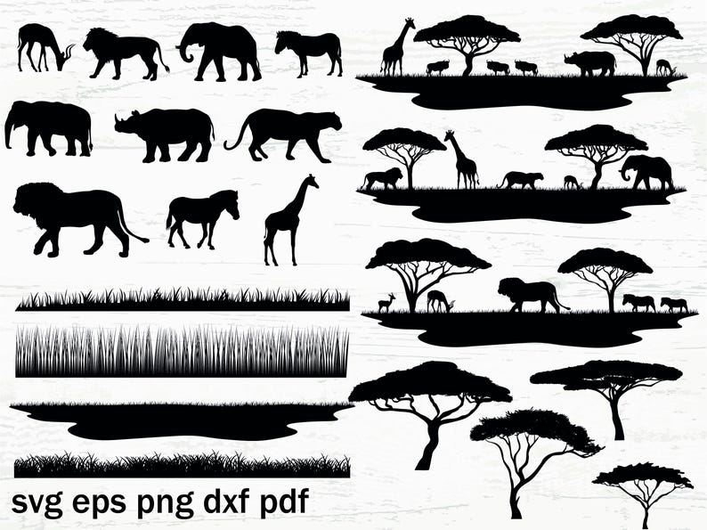 K&ouml;nnte beinhalten: Schwarz-wei&szlig;e Silhouettenbilder verschiedener afrikanischer Tiere, darunter ein L&ouml;we, ein Zebra, eine Giraffe, ein Elefant, ein Nashorn und eine Antilope. Die Tiere sind vor einem Hintergrund aus B&auml;umen und Gras platziert.