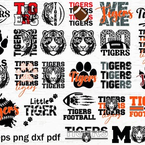 May include: A collection of 16 digital designs featuring the word "Tigers" in various styles. The designs include a tiger paw print, a tiger face, a tiger stripe pattern, and a football with the word "Tigers" on it. The designs are in black, white, orange, and gray.