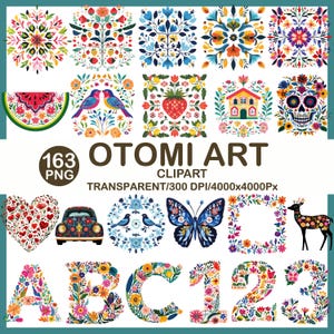 Pode incluir: Uma coleção de 163 imagens de clip art de arte Otomi. As imagens incluem desenhos florais coloridos, pássaros, borboletas, um carro, um veado, uma caveira e letras e números. O texto "OTOMI ART CLIPART" é exibido.