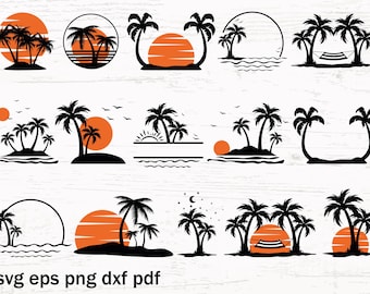 Puede incluir: Colección de diseños SVG de temática playera tropical en negro y naranja. Cada diseño presenta palmeras, puestas de sol y siluetas de islas. Adecuado para varios proyectos de manualidades.