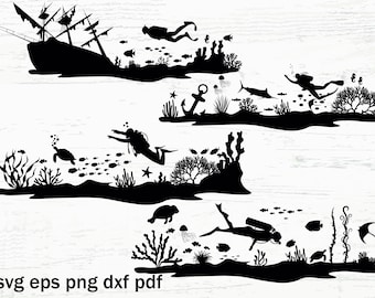 Underwater Scene SVG: Scuba Diving, Coral Reef, Shipwreck (Digital Download)