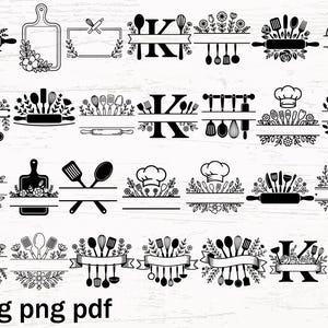 May include: Black and white kitchen-themed SVG, PNG, and PDF designs. The image features various illustrations of kitchen utensils, rolling pins, cutting boards, and chef hats, with floral and banner accents.