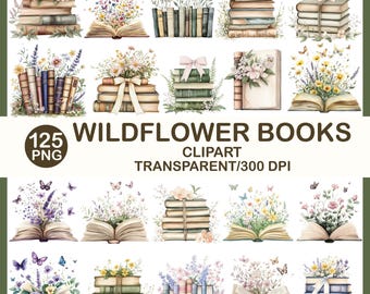 Wildflower Books Watercolor Clipart Bundle, Cottagecore Book Stack (125 PNG) (Digital Download)