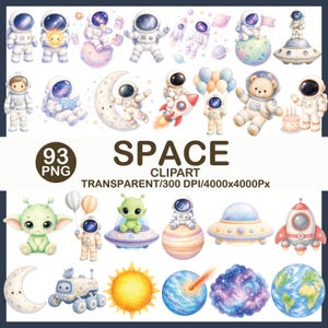 Puede incluir: Conjunto de imágenes prediseñadas de acuarela con astronautas, planetas, cohetes y personajes alienígenas. La imagen incluye la palabra "SPACE" y el texto "93 PNG" y "CLIPART TRANSPARENT/300 DPI/4000x4000Px". Las ilustraciones son caprichosas.
