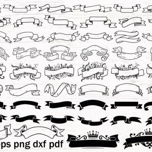 May include: A selection of hand-drawn ribbon banners in various styles. Features both black and white outline designs and solid black versions. The image also contains the text "svg eps png dxf pdf".