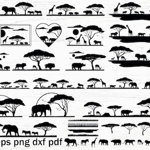 Pode incluir: Uma coleção de imagens em silhueta em preto e branco de animais africanos, incluindo leões, elefantes, girafas, rinocerontes e zebras. Os animais são representados em várias poses e ambientes, como andar, ficar em pé e correr. As imagens são perfeitas para usar em projetos de artesanato, scrapbooking ou design digital.