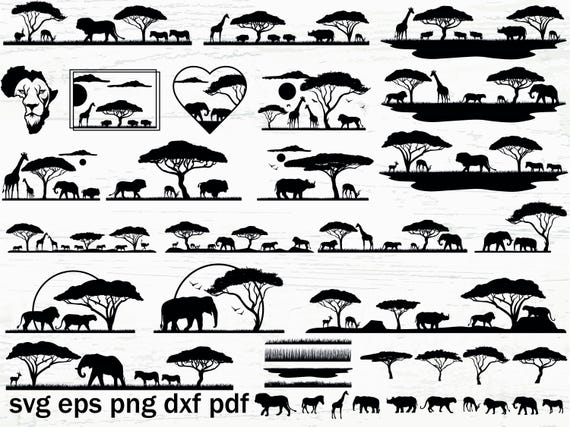 Safari Animal SVG Elephant Svg, Giraffe Svg Safari Clipart Birds flying SVG Scene African Animals Svg Files for Cricut Png, Eps, Dxf