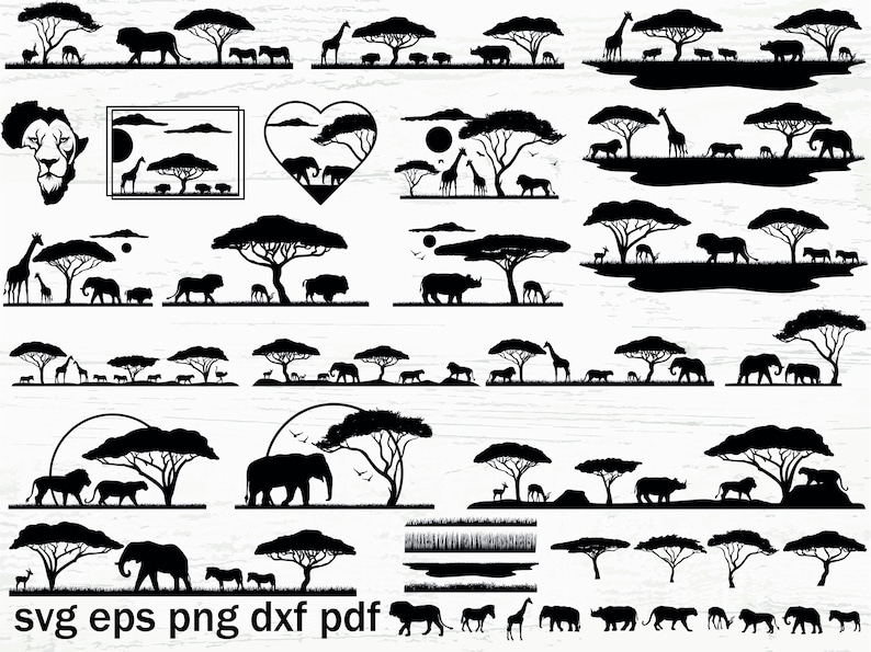 K&ouml;nnte beinhalten: Eine Sammlung von Schwarzwei&szlig;-Silhouettenbildern von afrikanischen Tieren, darunter L&ouml;wen, Elefanten, Giraffen, Nash&ouml;rner und Zebras. Die Tiere sind in verschiedenen Posen und Umgebungen dargestellt, wie z. B. beim Gehen, Stehen und Laufen. Die Bilder eignen sich perfekt f&uuml;r die Verwendung in Bastelprojekten, zum Scrapbooking oder f&uuml;r digitales Design.