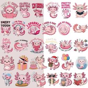Pode incluir: Uma cole&ccedil;&atilde;o de adesivos de axolotl rosa com v&aacute;rios designs e frases. Alguns adesivos apresentam axolotls com acess&oacute;rios, segurando objetos ou em diferentes poses. O texto inclui "Keep it Cute", "I'm Just a Pink Vibe" e "I'm Small But Mighty".