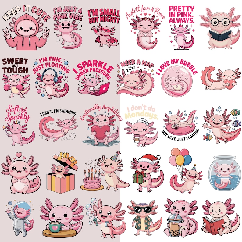 Pode incluir: Uma cole&ccedil;&atilde;o de adesivos de axolotl rosa com v&aacute;rios designs e frases. Alguns adesivos apresentam axolotls com acess&oacute;rios, segurando objetos ou em diferentes poses. O texto inclui "Keep it Cute", "I'm Just a Pink Vibe" e "I'm Small But Mighty".