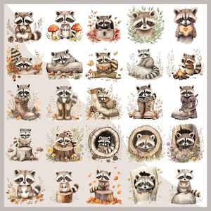 May include: A series of watercolour illustrations showcasing cute raccoons in different scenes. The raccoons are surrounded by autumnal details such as leaves, mushrooms, and boots, giving a delightful and whimsical feel. Ideal for stickers or prints.