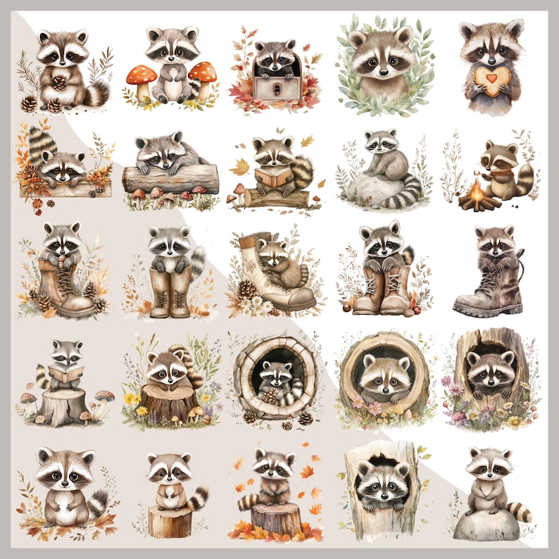 May include: A series of watercolour illustrations showcasing cute raccoons in different scenes. The raccoons are surrounded by autumnal details such as leaves, mushrooms, and boots, giving a delightful and whimsical feel. Ideal for stickers or prints.