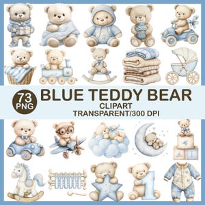 Puede incluir: Ilustraciones en acuarela de osos de peluche azules en varias poses, con accesorios como un coche, un avión y un caballito balancín. La imagen incluye el texto "BLUE TEDDY BEAR CLIPART".