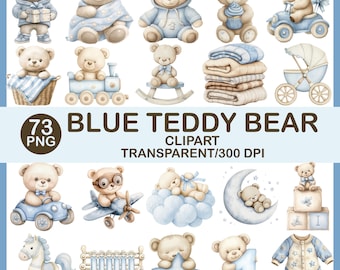 Blue Teddy Bear Clipart Bundle | Baby Boy Nursery PNG (73 Files)