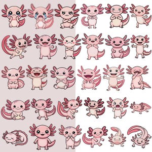 Pode incluir: Uma cole&ccedil;&atilde;o de axolotls de desenho animado em v&aacute;rias poses e express&otilde;es. Os axolotls s&atilde;o principalmente rosa com guelras e caudas rosa escuro. Alguns axolotls est&atilde;o sorrindo, chorando ou com raiva. O fundo &eacute; rosa claro e branco.
