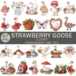 Strawberry Goose Clipart Bundle | 67 PNG | Cute Watercolor Goose with Strawberry | 3125x3125 px | 300 DPI | Transparent Background