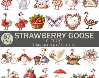Strawberry Goose Clipart Bundle: Watercolor PNG Illustrations (Digital Download