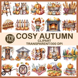 May include: A collection of watercolor illustrations with an autumn theme. The images include pumpkins, animals, a boy, a fireplace, and the text "COSY AUTUMN CLIPART". The illustrations are transparent and 300 DPI.