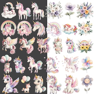 May include: A collection of watercolor illustrations featuring unicorns, rainbows, and floral arrangements. The unicorns have pastel manes and golden horns. Some unicorns have wings. The illustrations are set against black and white backgrounds.