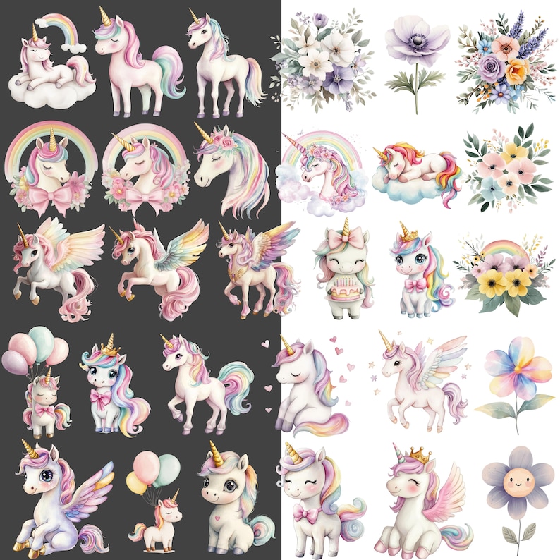 May include: A collection of watercolor illustrations featuring unicorns, rainbows, and floral arrangements. The unicorns have pastel manes and golden horns. Some unicorns have wings. The illustrations are set against black and white backgrounds.