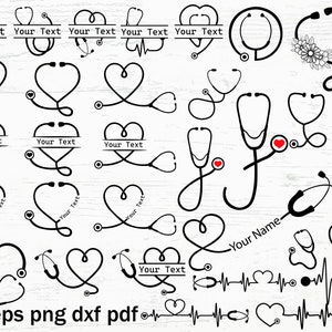 Puede incluir: Un conjunto de 25 archivos de corte SVG de estetoscopio en blanco y negro. Los archivos incluyen varios diseños de estetoscopios, incluidos corazones, líneas de ECG y el texto "Your Text".