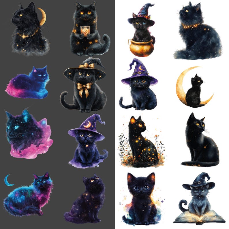 Svart katt Clipart i akvarellstil: Rymdkattunge i PNG-format (digital nedladdning) bild 2