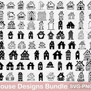 Peut inclure: Une collection de 95 dessins de maisons en noir et blanc, présentant divers styles et éléments décoratifs. Certains dessins incluent du texte comme "Home" et "Happy Home". L'image comprend également le texte "95 House Designs Bundle SVG-PNG-PDF".
