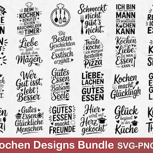 May include: A collection of 24 black and white kitchen-themed designs, including phrases like "Kochen ist mein Yoga" and "Gutes Essen, gute Laune." The designs are available in SVG, PNG, and PDF formats. The text at the bottom reads "24 Kochen Designs Bundle SVG-PNG-PDF."