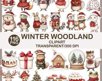 Winter Woodland Animals Clipart: Christmas PNG Graphics (Digital Download)
