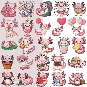 Pode incluir: Uma cole&ccedil;&atilde;o de ilustra&ccedil;&otilde;es de desenhos animados de axolotls rosa. Os axolotls s&atilde;o retratados em v&aacute;rias poses, incluindo segurando um donut, usando um traje espacial, tocando guitarra e lendo um livro. Outros axolotls s&atilde;o mostrados com uma flor, biscoito, sorvete e bal&otilde;es.