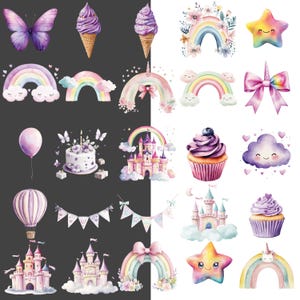 May include: A collection of watercolor illustrations featuring whimsical elements. Includes a purple butterfly, ice cream cones, rainbows, stars, castles, cupcakes, a hot air balloon, a cake, and bunting. The color palette is soft with pastel shades of pink, purple, and yellow.