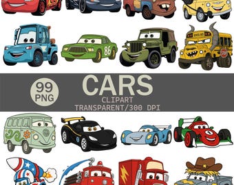Disney-Inspired Car Characters Digital Clipart Bundle, 99 PNG Cars with Transparent Background, High Resolution, Kids-Themed Graphics