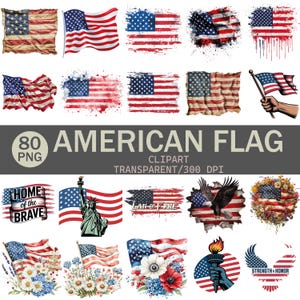 Könnte beinhalten: Eine Sammlung von 80 PNG-Clip-Art-Bildern der amerikanischen Flagge. Die Designs umfassen verschiedene Stile der Flagge, wie z. B. abgenutzte, wehende und künstlerische Darstellungen. Einige Bilder zeigen zusätzliche patriotische Elemente wie die Freiheitsstatue.