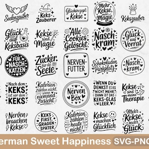 May include: A selection of 35 German phrases about cookies and happiness, presented in a black and white design. The graphics feature various fonts and styles, with decorative elements such as hearts and stars. The bottom of the image reads "35 German Sweet Happiness SVG-PNG-PDF."