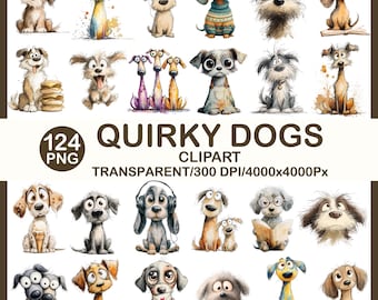 May include: A selection of quirky dog illustrations in diverse poses and styles. The image features the text "124 PNG Quirky Dogs Clipart Transparent/300 DPI/4000x4000Px". The dogs are rendered in a cartoon style with expressive features and bright colours.