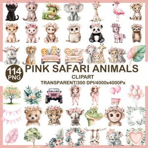 May include: A collection of 114 PNG clipart images featuring pink safari animals. The illustrations include a black panther, cheetah, frog, elephant, giraffe, flamingo, lion, panda, zebra, sloth, rhino, tiger, and more, all adorned with floral crowns.