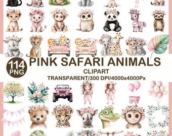 Pink Safari Animals Clipart Bundle, Watercolor Baby Jungle PNG, Floral Nursery Decor (Digital Download)