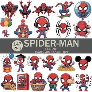 Pacote de Cliparts do Homem-Aranha | 147 Arquivos PNG | Arte Chibi de Super-heróis Fofa e Engraçada | Fundo Transparente | 300 DPI | Download Instantâneo