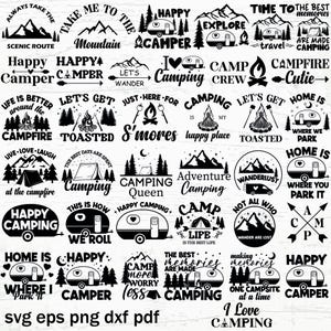 May include: Black and white camping themed graphic designs featuring text such as "Happy Camper", "Let's Get Toasted", "Camping Queen", "Camp Life", and "I Love Camping".