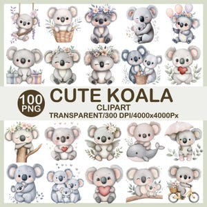 Może przedstawiać: Kolekcja clipartów akwarelowych przedstawiających urocze misie koala w różnych pozach. Koale są przedstawione z kwiatowymi koronami, trzymają serca i jeżdżą na rowerze. Obraz zawiera tekst "Cute Koala Clipart" i "100 PNG".