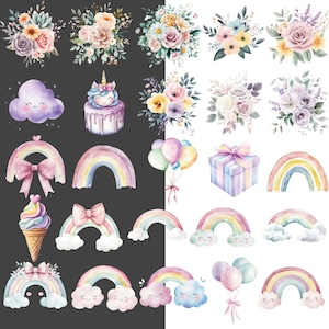 May include: Watercolor illustrations of bouquets, rainbows, clouds, balloons, a gift box, and an ice cream cone. The color palette includes pastels such as pink, purple, yellow, and blue. The images are suitable for party decorations or children's designs.