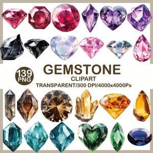 Könnte beinhalten: Eine Sammlung verschiedener Edelstein-Cliparts in verschiedenen Formen und Farben, darunter Rot, Lila, Rosa, Schwarz und Blaugrün. Das Bild enthält den Text "GEMSTONE CLIPART" und "139 PNG".