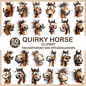 Puede incluir: Una colección de 25 imágenes prediseñadas de caballos extravagantes. Cada caballo tiene una expresión única, con pelajes marrones y tostados y crines negras. También se ve el texto "50 PNG" y "QUIRKY HORSE CLIPART".