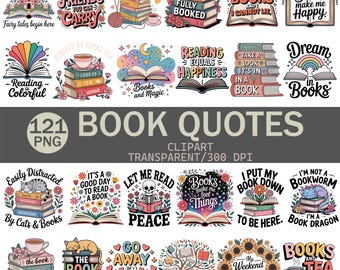Può includere: Una raccolta di 121 immagini clipart di citazioni di libri in formato PNG. Le immagini presentano illustrazioni colorate di libri, citazioni e temi correlati, come la lettura, i gatti e il tè. Le immagini sono progettate per progetti creativi.